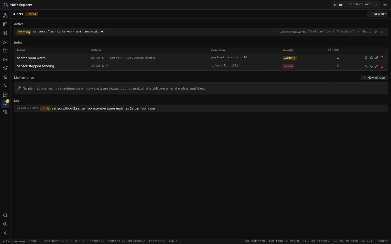 Alerts: what is firing, the rules behind it and the log.