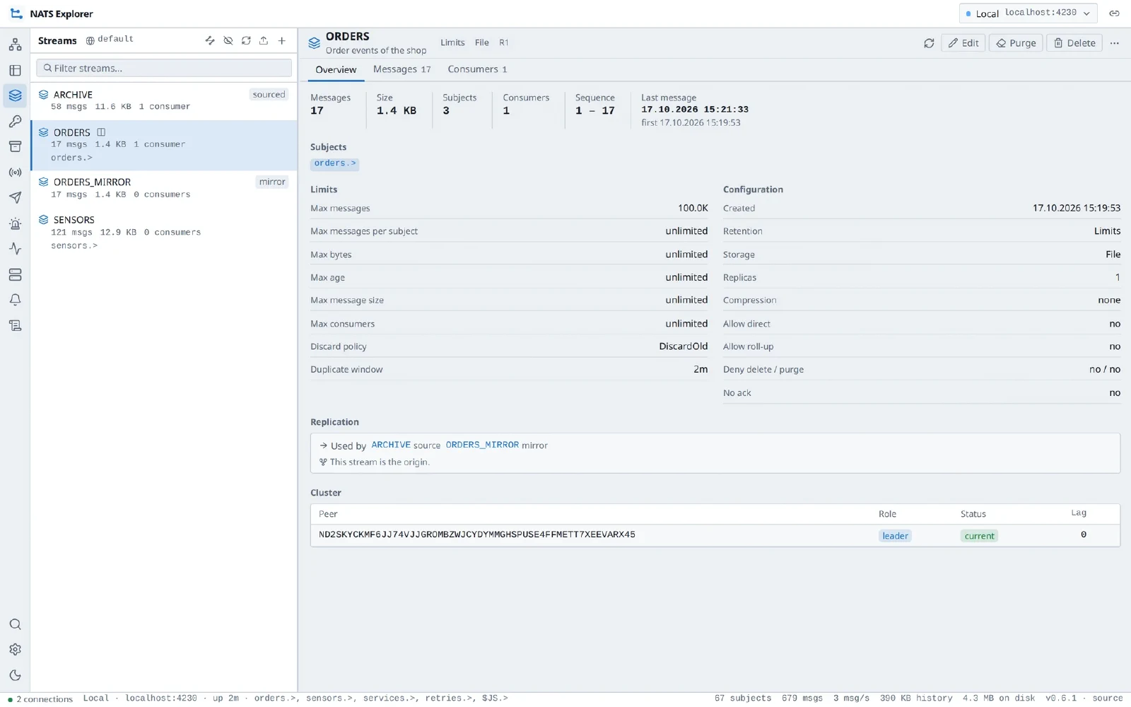 A stream with its limits, configuration and placement — in the light theme.