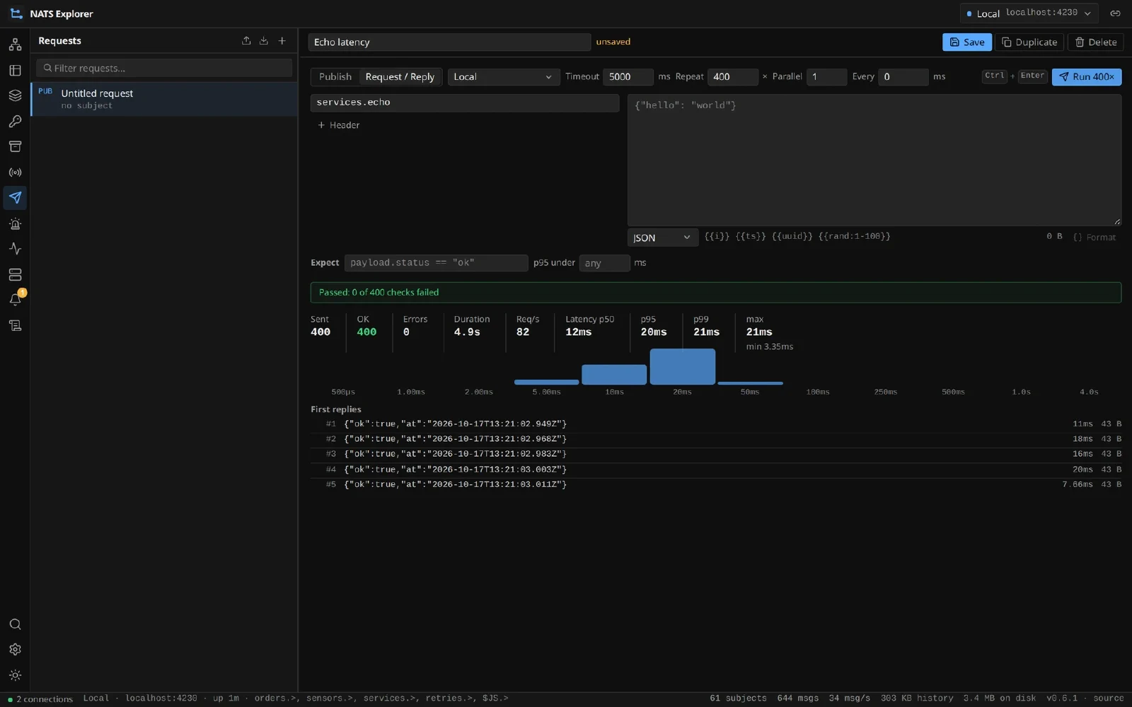 A repeated request: throughput, latency percentiles and the histogram of the replies.